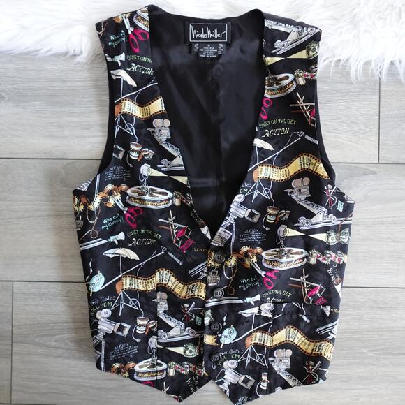 Vintage 90s Nicole Miller Silk Movie Production Actor Actress TV Film Theme Vest - Picture 1 of 16